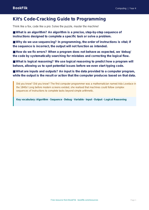 Free Programming Poster | Year 4 | Computing | BookFlik worksheet preview — Computing Programming