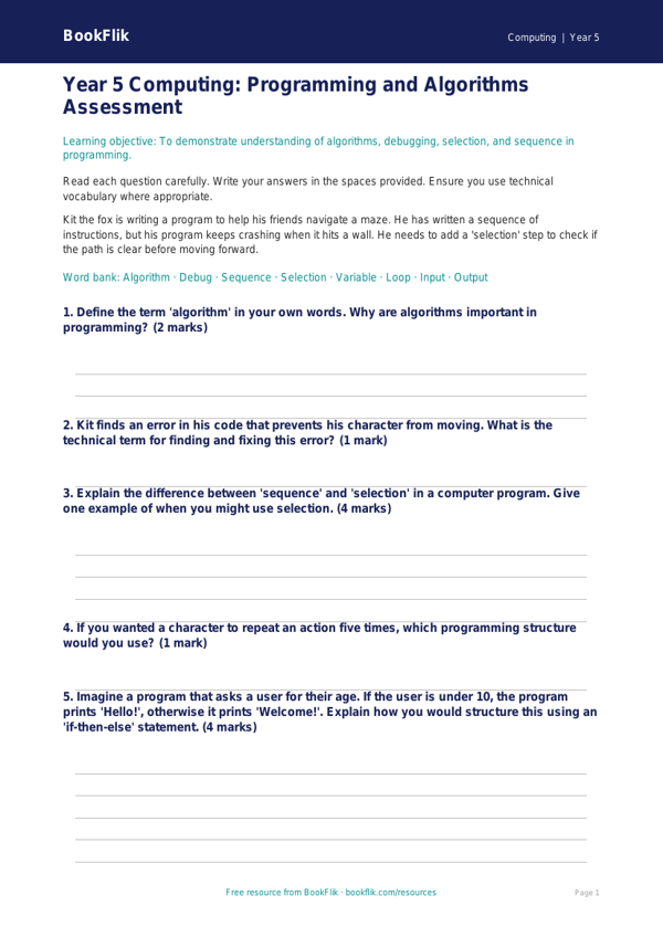 Year 5 Programming Assessment: Computing Skills | BookFlik worksheet preview — Computing Programming