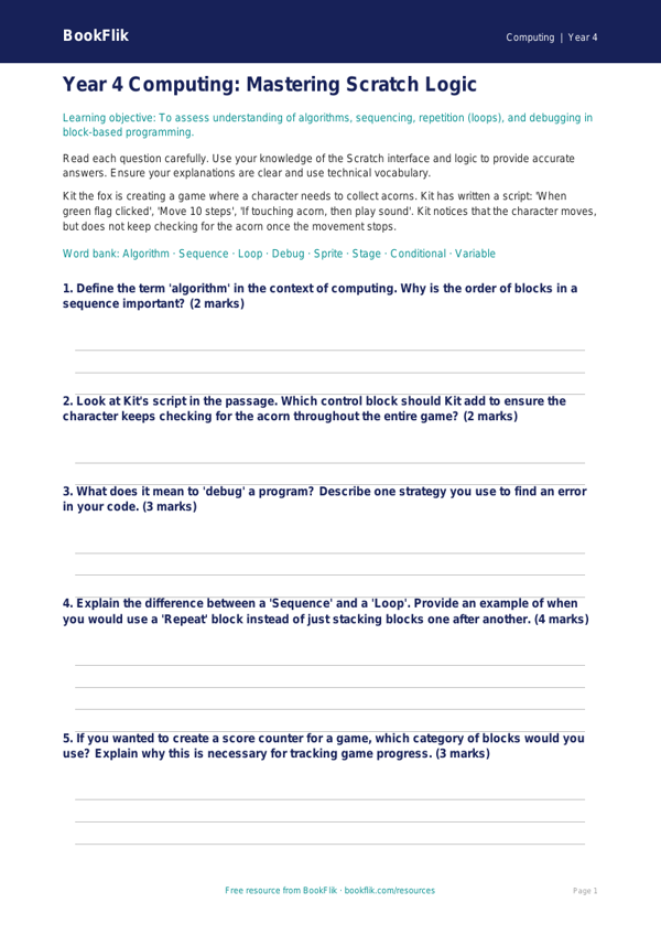 Free Scratch Assessment | Year 4 | Computing | BookFlik worksheet preview — Computing Scratch