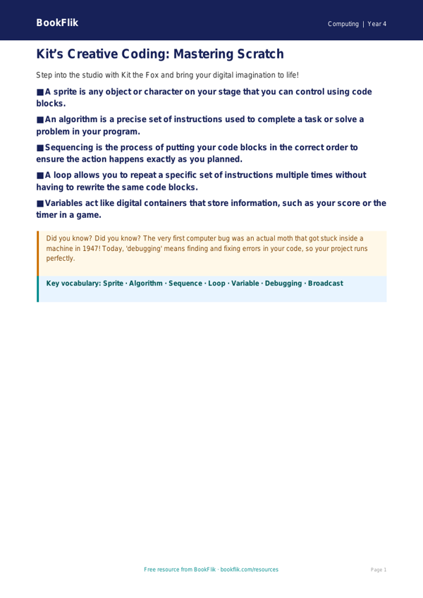 Free Scratch Poster | Year 4 | Computing | BookFlik worksheet preview — Computing Scratch