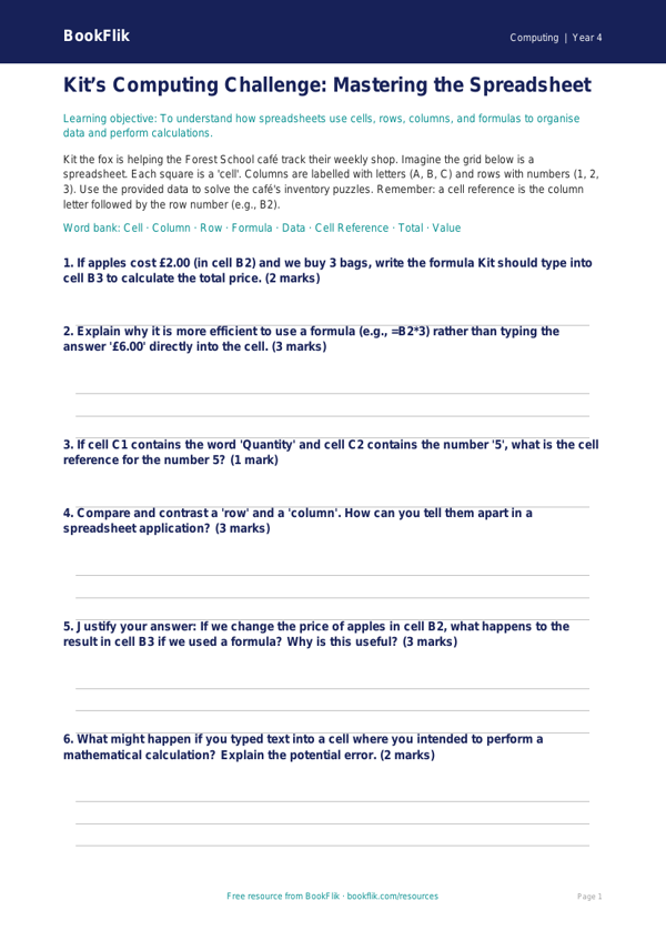 Free Spreadsheets Activity Sheet | Year 4 | Computing | BookFlik worksheet preview — Computing Spreadsheets