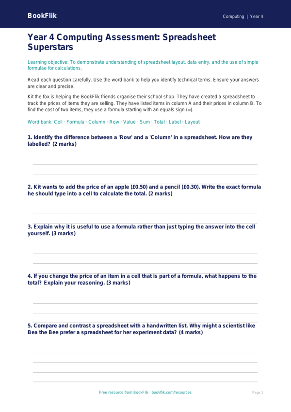 Free Spreadsheets Assessment | Year 4 | Computing | BookFlik worksheet preview — Computing Spreadsheets