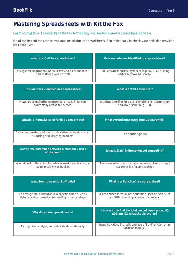 Free Spreadsheets Flashcards | Year 5 | Computing | BookFlik worksheet preview — Computing Spreadsheets