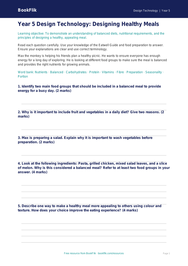 Healthy Meals Assessment Year 5 | Design Technology | BookFlik worksheet preview — Design-Technology Healthy Meals