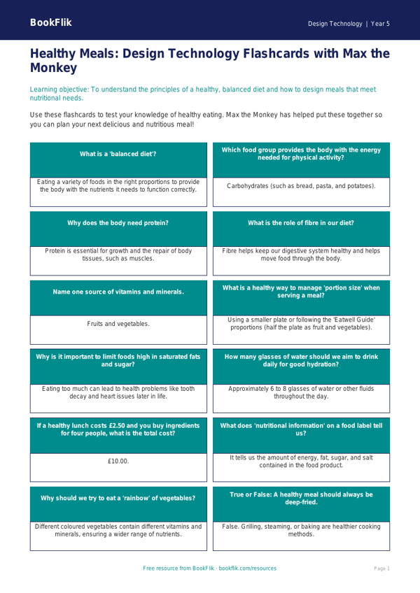 Free Healthy Meals Flashcards | Year 5 | Design Technology | BookFlik worksheet preview — Design-Technology Healthy Meals
