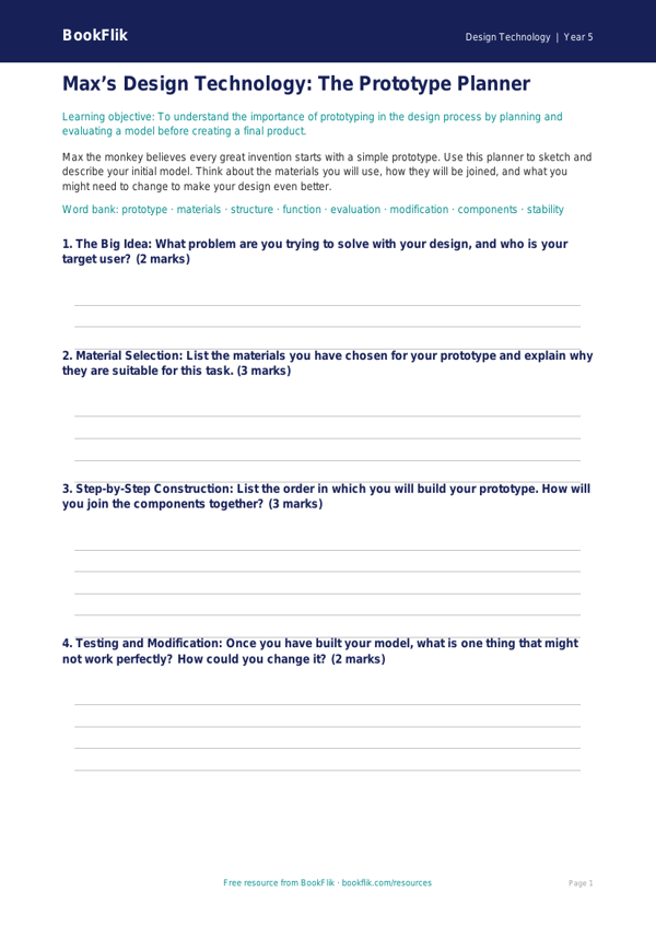 Free Prototyping Template | Year 5 | Design Technology | BookFlik worksheet preview — Design-Technology Prototyping