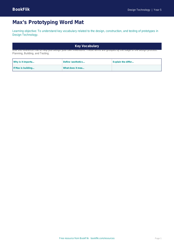 Free Prototyping Word Mat | Year 5 | Design Technology | BookFlik worksheet preview — Design-Technology Prototyping