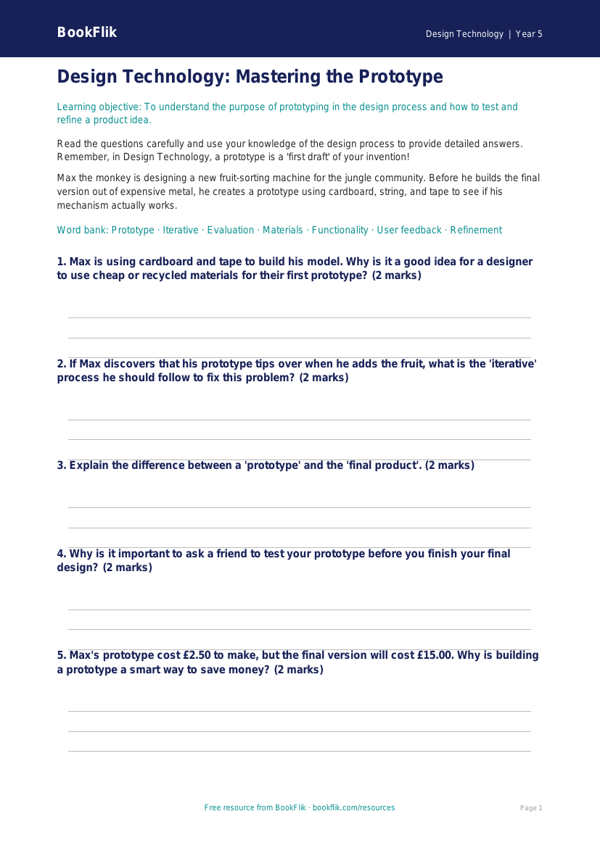 Free Prototyping Worksheet | Year 5 | Design Technology | BookFlik worksheet preview — Design-Technology Prototyping