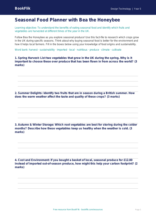 Free Seasonal Food Template | Year 5 | Design Technology | BookFlik worksheet preview — Design-Technology Seasonal Food