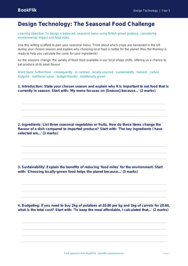 Free Seasonal Food Writing Frame | Year 5 | Design Technology | BookFlik worksheet preview — Design-Technology Seasonal Food