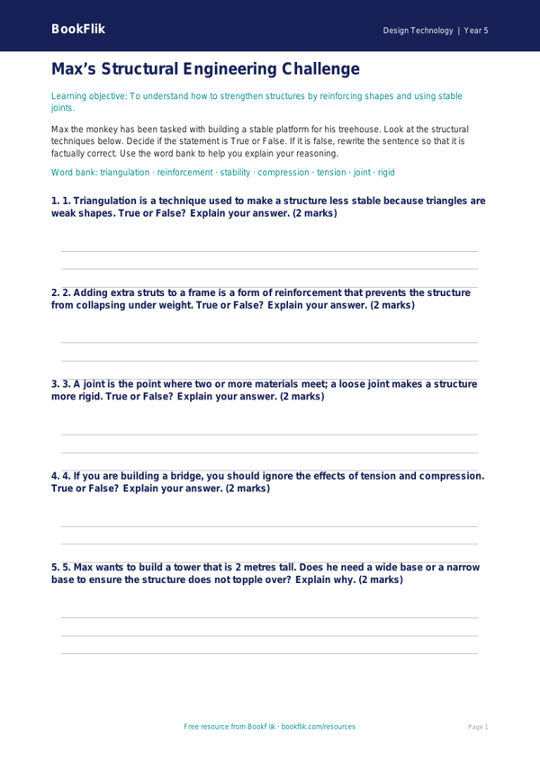 Free Structures Activity Sheet | Year 5 | Design Technology | BookFlik worksheet preview — Design-Technology Structures