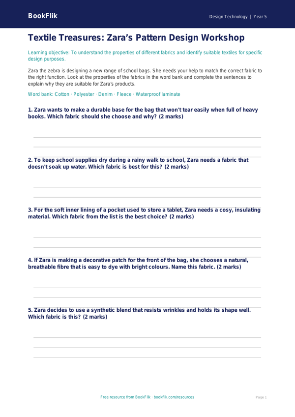 Free Textiles Activity Sheet | Year 5 | Design Technology | BookFlik worksheet preview — Design-Technology Textiles