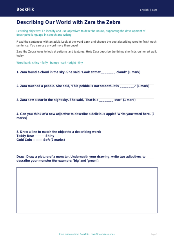 Free Adjectives Worksheet | Foundation | English | BookFlik worksheet preview — English Adjectives