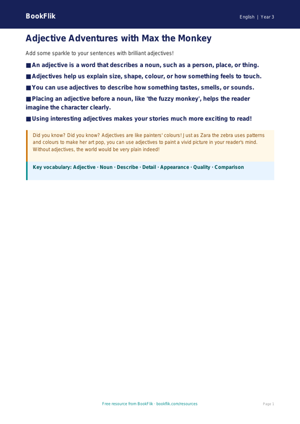 Free Adjectives Poster | Year 3 | English | BookFlik worksheet preview — English Adjectives