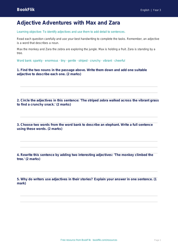 Free Adjectives Worksheet | Year 3 | English | BookFlik worksheet preview — English Adjectives