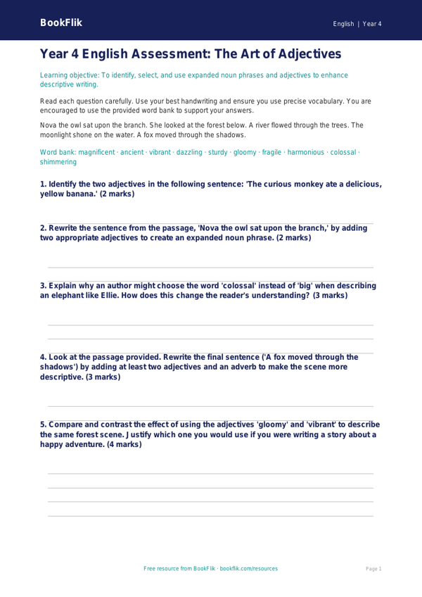 Free Adjectives Assessment | Year 4 | English | BookFlik worksheet preview — English Adjectives