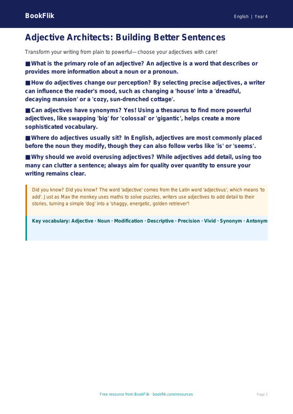 Free Adjectives Poster | Year 4 | English | BookFlik worksheet preview — English Adjectives