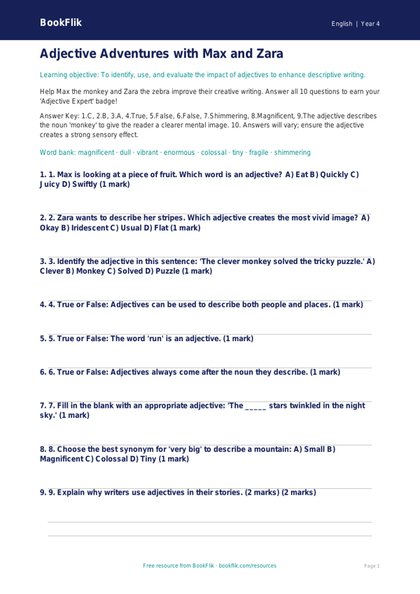 English adjectives quiz year 4 greater depth worksheet preview — English Adjectives