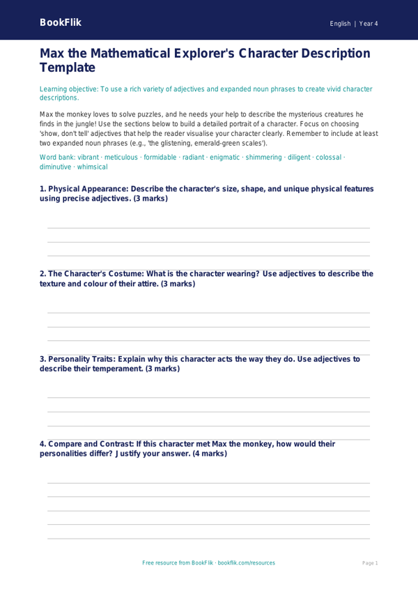 Free Adjectives Template | Year 4 | English | BookFlik worksheet preview — English Adjectives
