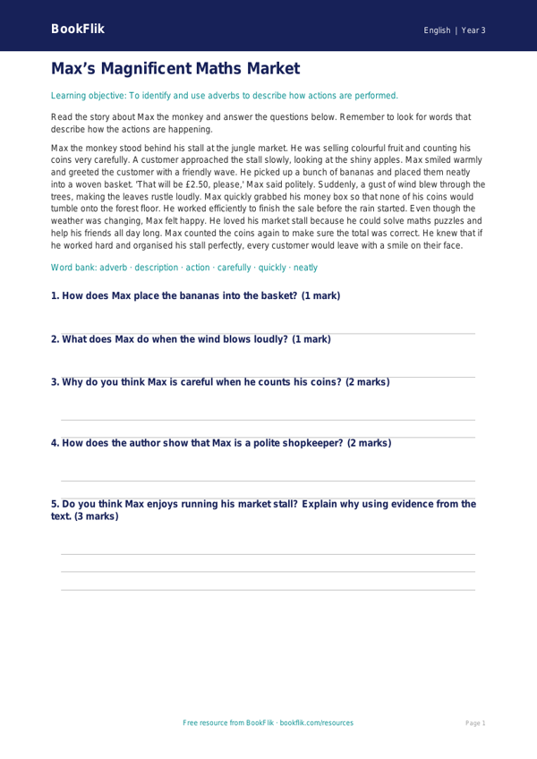 Free Adverbs Comprehension | Year 3 | English | BookFlik worksheet preview — English Adverbs
