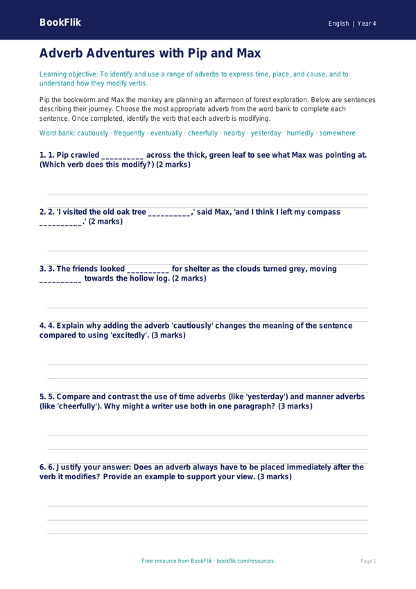 Free Adverbs Activity Sheet | Year 4 | English | BookFlik worksheet preview — English Adverbs