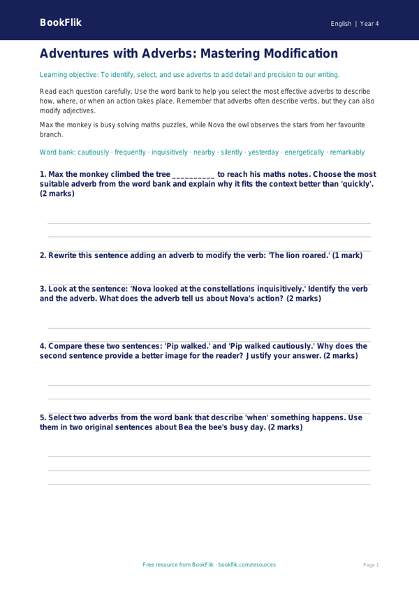 Free Adverbs Worksheet | Year 4 | English | BookFlik worksheet preview — English Adverbs