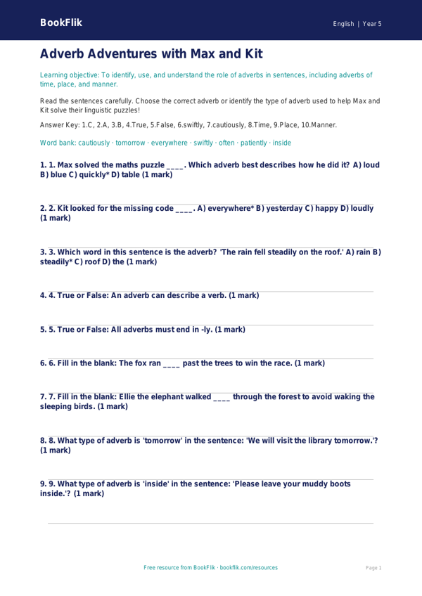 Free Adverbs Quiz | Year 5 | English | BookFlik worksheet preview — English Adverbs