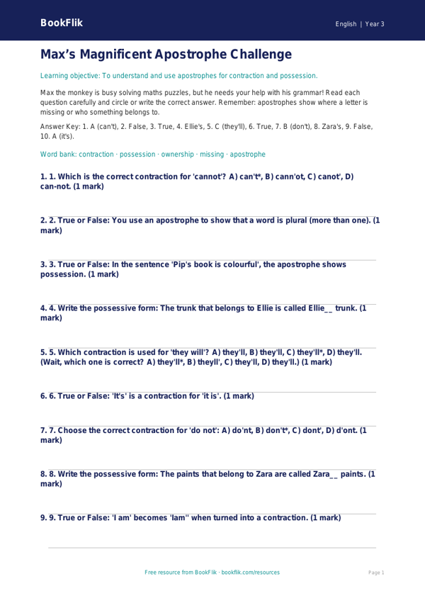 Free Apostrophes Quiz | Year 3 | English | BookFlik worksheet preview — English Apostrophes