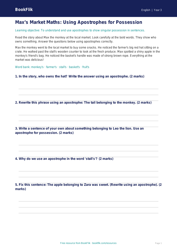 Free Apostrophes Track Sheet | Year 3 | English | BookFlik worksheet preview — English Apostrophes