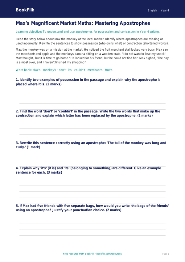 Free Apostrophes Track Sheet | Year 4 | English | BookFlik worksheet preview — English Apostrophes