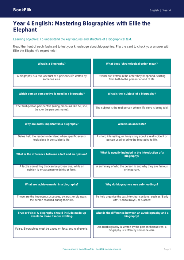 Free Biography Flashcards | Year 4 | English | BookFlik worksheet preview — English Biography