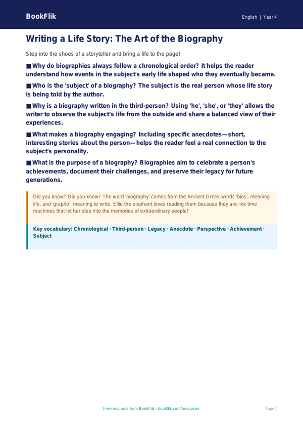 Free Biography Poster Template | Year 4 English | BookFlik worksheet preview — English Biography