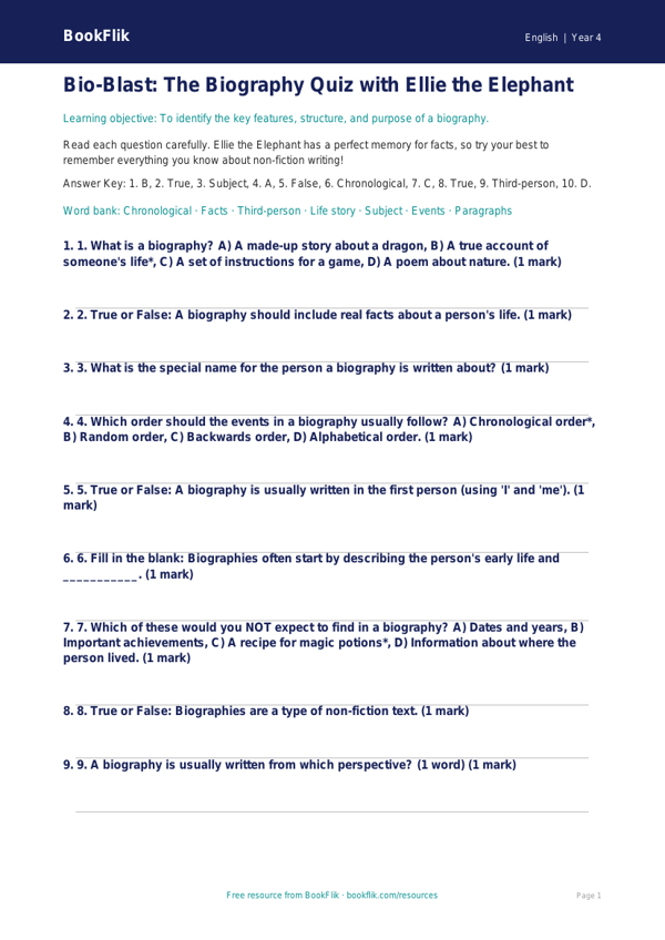 Free Biography Quiz | Year 4 | English | BookFlik worksheet preview — English Biography