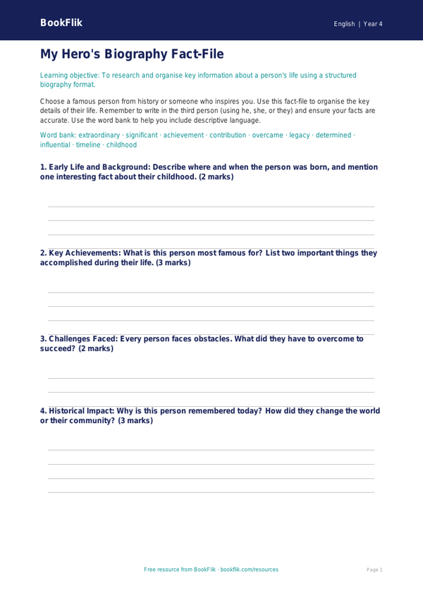 Free Biography Template | Year 4 | English | BookFlik worksheet preview — English Biography