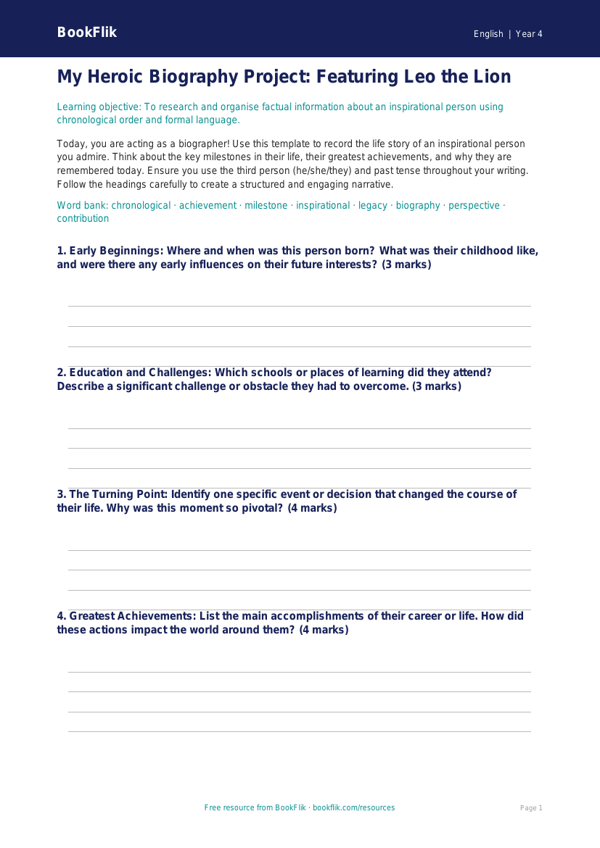 Free Biography Template | Year 4 | English | BookFlik worksheet preview — English Biography