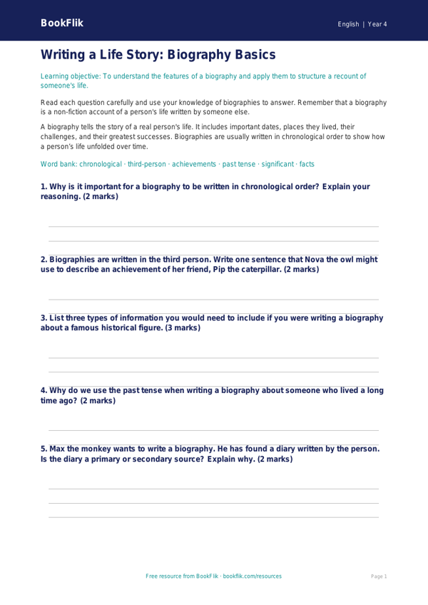 Free Biography Worksheet | Year 4 | English | BookFlik worksheet preview — English Biography