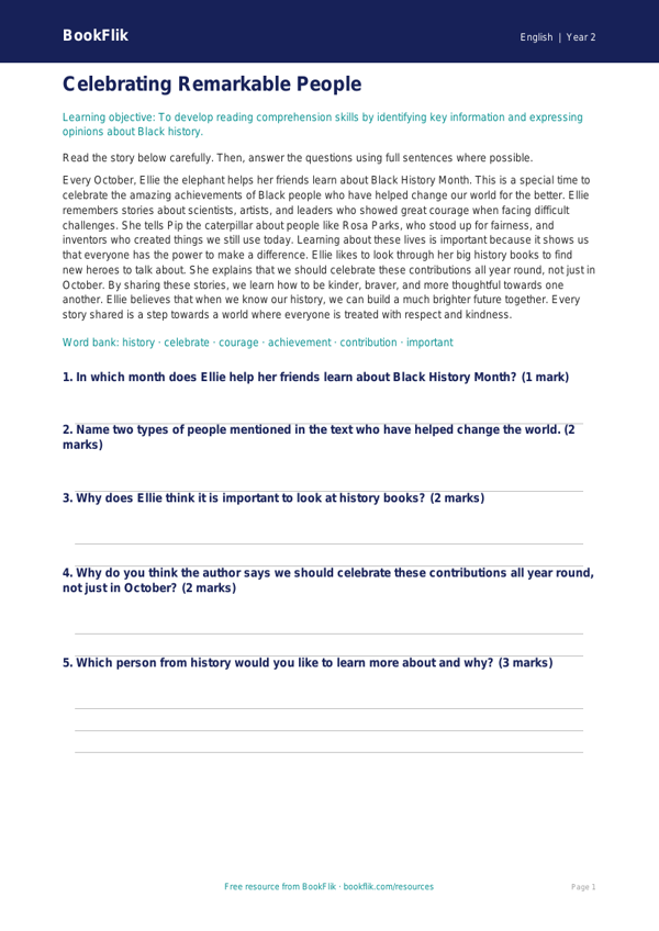 Black History Month Comprehension Worksheet | Year 2 | Australian Curriculum worksheet preview — English Black History Month