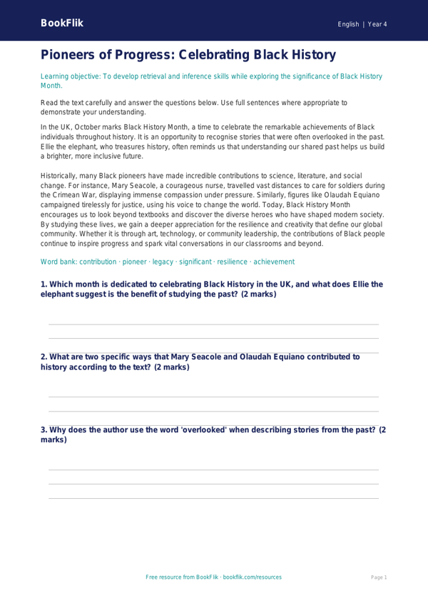 Black History Month Comprehension | Year 4 English | BookFlik worksheet preview — English Black History Month