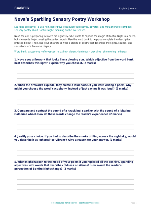 Bonfire Night English Activity Sheet | Year 4 | Australian Curriculum worksheet preview — English Bonfire Night