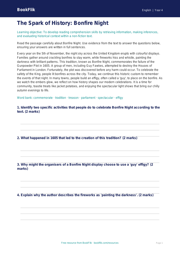 English bonfire night comprehension year 4 greater depth worksheet preview — English Bonfire Night