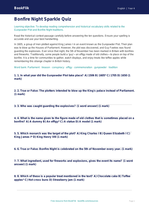 Bonfire Night English Quiz | Year 4 Australian Curriculum | BookFlik worksheet preview — English Bonfire Night