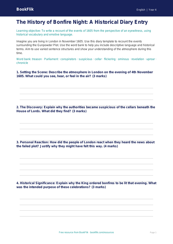 Bonfire Night Narrative Writing Task | Year 4 English | BookFlik worksheet preview — English Bonfire Night