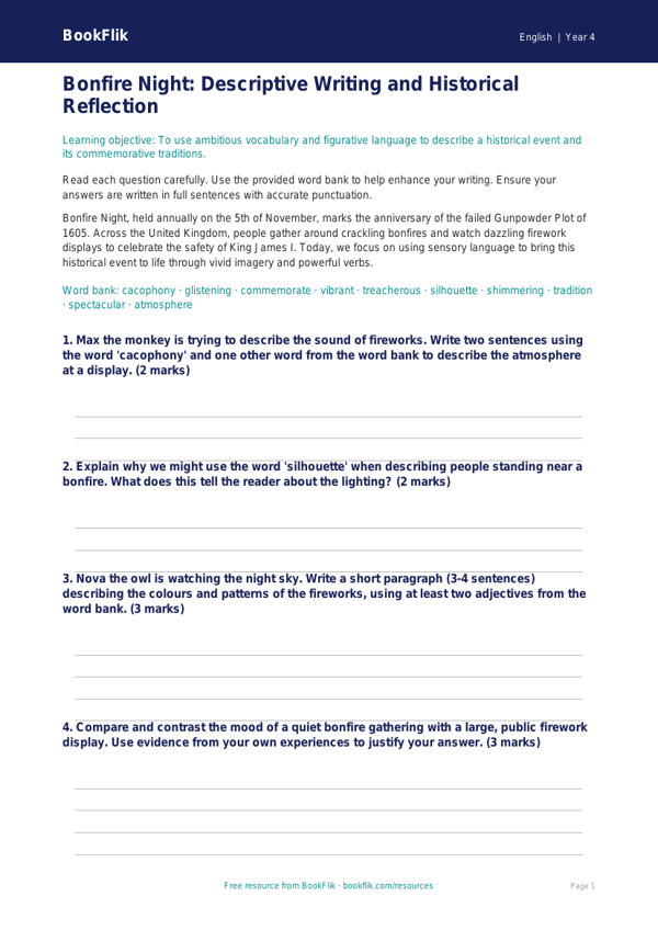 Bonfire Night English Worksheet | Year 4 | Australian Curriculum worksheet preview — English Bonfire Night