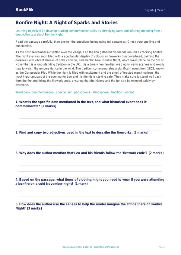 Year 5 Bonfire Night Writing & Literacy Activity | BookFlik worksheet preview — English Bonfire Night