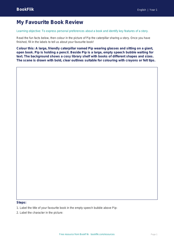 Free Book Review Colouring Page | Year 1 | English | BookFlik worksheet preview — English Book Review