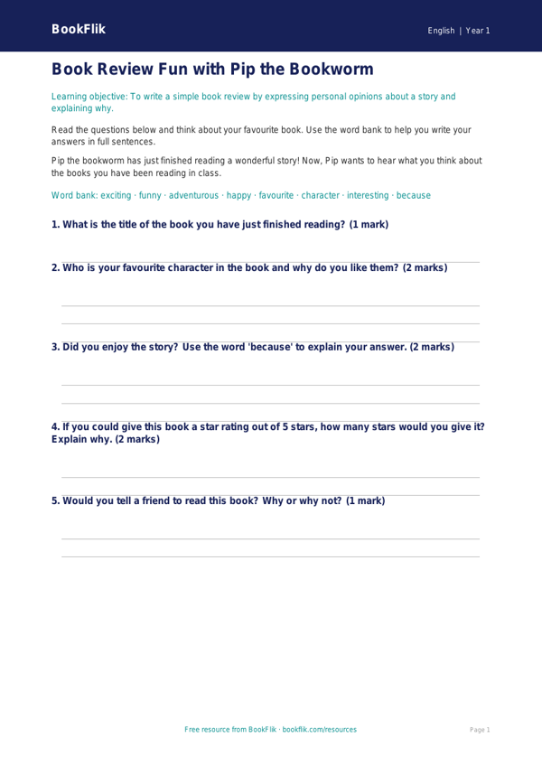Free Book Review Worksheet | Year 1 | English | BookFlik worksheet preview — English Book Review