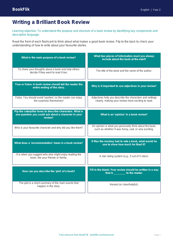 Free Book Review Flashcards | Year 2 | English | BookFlik worksheet preview — English Book Review