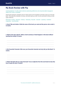 Free Book Review Template | Year 2 | English | BookFlik