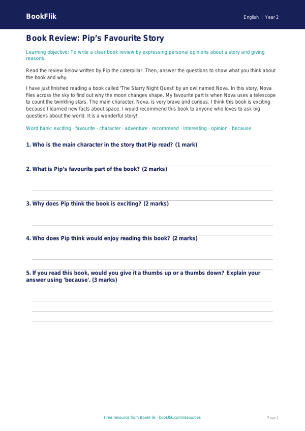 Free Book Review Track Sheet | Year 2 | English | BookFlik worksheet preview — English Book Review