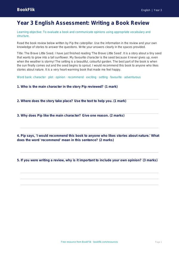 Free Book Review Assessment | Year 3 | English | BookFlik worksheet preview — English Book Review